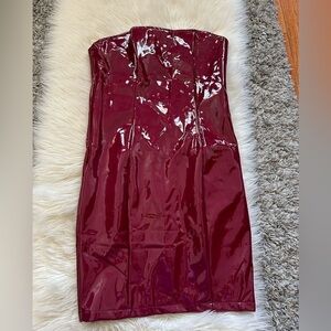 Burgundy Vinyl Strapless Mini Dress